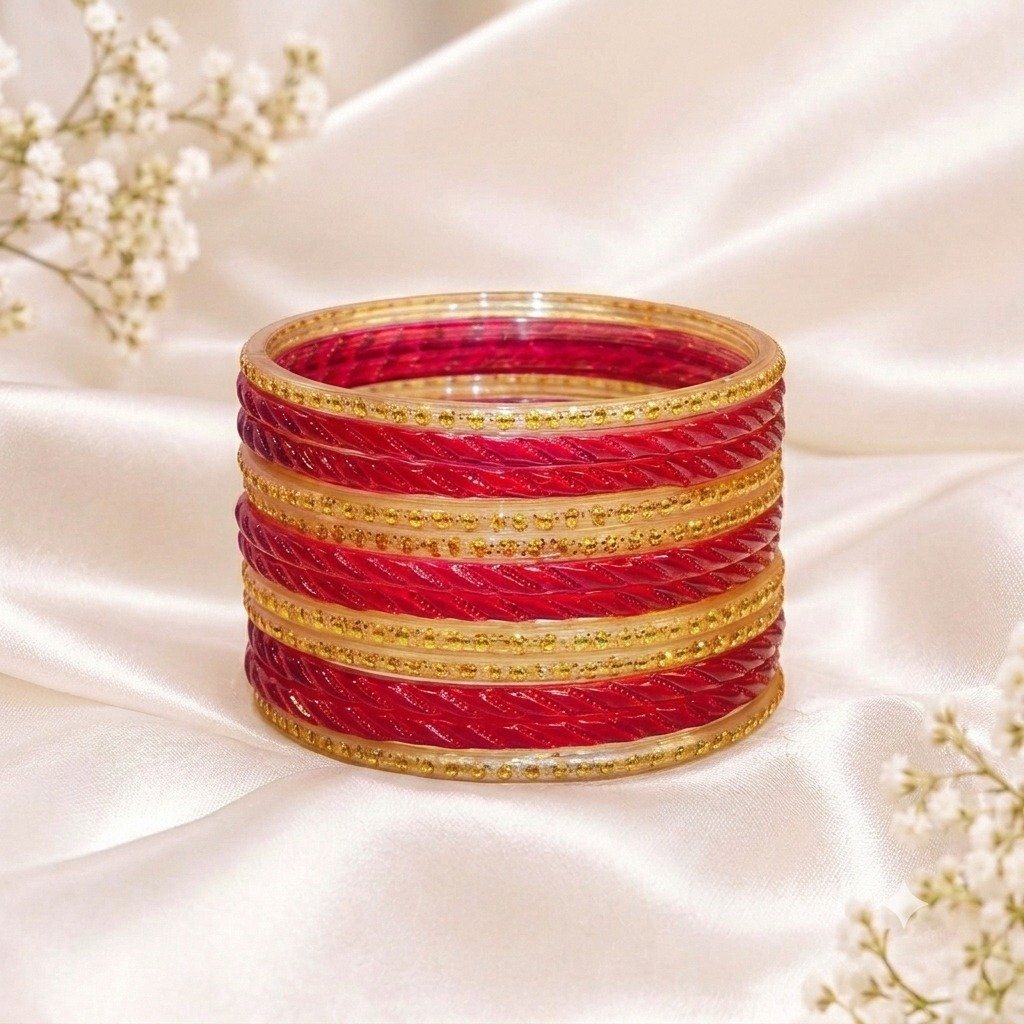 Women’s Red Designer Glass Bangle Set | Traditional Red Bangles with Elegant Golden Decorative Detailing | Stylish Ethnic Jewellery for Women | Wedding, Festival, Party & Traditional Wear