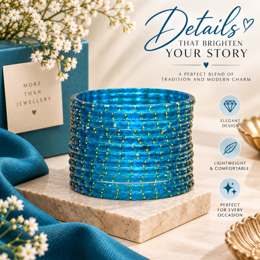 Second image of Women’s Blue Glass Bangle Set | Traditional Blue Bangles with Elegant Golden Beaded Detailing | Stylish Ethnic Jewellery for Women | Wedding, Festival, Party & Traditional Wear