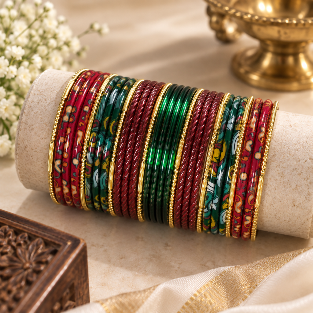 Second image of Women’s Traditional Glass Bangle Set with Decorative Gold-Tone Borders | Multicolor Red, Green & Maroon Bangles | Elegant Ethnic Jewellery for Wedding, Festival, Party & Traditional Wear