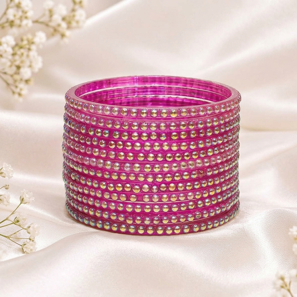 Women’s Pink Designer Glass Bangle Set | Vibrant Pink Bangles with Sparkling Stone-Style Decorative Detailing | Elegant Traditional Indian Ethnic Jewellery for Wedding, Festival, Party & Special Occasions