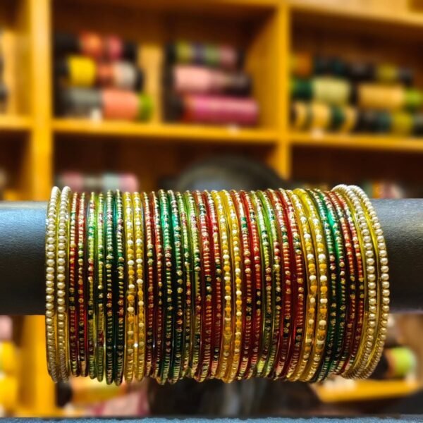 Women’s Traditional Designer Bangles Set | Multicolor Green, Red & Golden Ethnic Bangles with Decorative Stone & Bead Detailing | Elegant Wedding, Festival, Party & Traditional Wear Jewellery