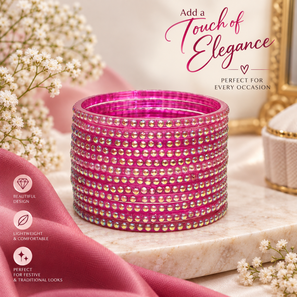 Second image of Women’s Pink Designer Glass Bangle Set | Vibrant Pink Bangles with Sparkling Stone-Style Decorative Detailing | Elegant Traditional Indian Ethnic Jewellery for Wedding, Festival, Party & Special Occasions
