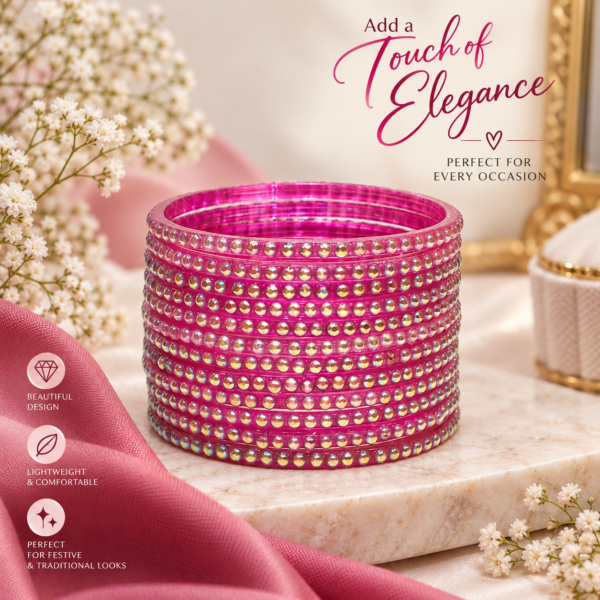 Second image of Women’s Pink Designer Glass Bangle Set | Vibrant Pink Bangles with Sparkling Stone-Style Decorative Detailing | Elegant Traditional Indian Ethnic Jewellery for Wedding, Festival, Party & Special Occasions